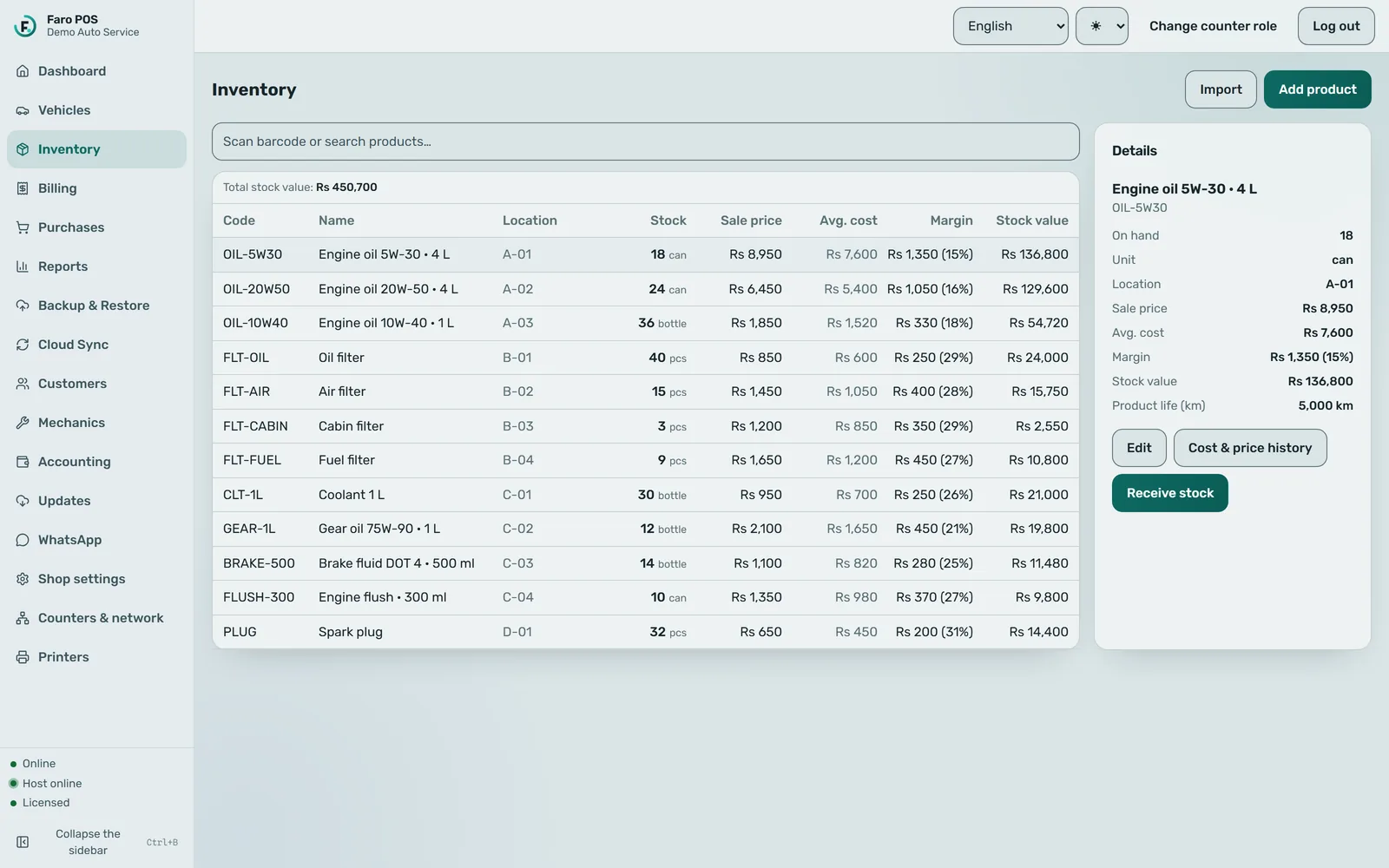 Faro POS inventory screen listing twelve generic products (engine oils, oil, air, cabin and fuel filters, coolant, gear oil, brake fluid, engine flush, spark plugs) with code, shelf location, stock, sale price, average cost, margin and stock value, a total stock value of Rs 450,700, and a details panel for the selected 5W-30 engine oil.